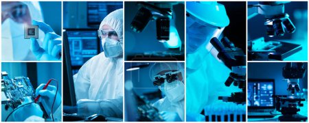 Photo for Microelectronics engineers work in a modern scientific laboratory on computing systems and microprocessors. Collage of professional electronic factory workers in a protective suits are testing the - Royalty Free Image