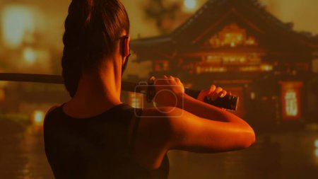 Photo for Young and beautiful ninja girl in a mask and with a katana. Samurai woman on the background of a traditional Japanese temple. - Royalty Free Image