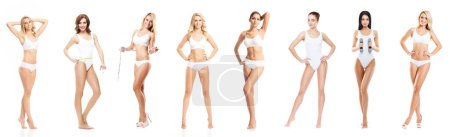 Photo for Young, fit, happy and beautiful blond woman in white swimsuit isolated on white background - set collection. Healthcare, diet, sport and fitness concept. - Royalty Free Image