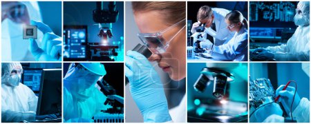 Professional team of scientists is working on a new vaccine in a modern scientific research laboratory. Genetic engineer workplace. Concept of future technology and science.