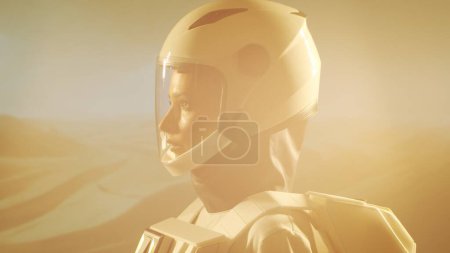 Photo for A woman astronaut in a spacesuit explores another planet. Young female cosmonaut in space suit on Mars. Concept of galactic travel and science. - Royalty Free Image