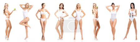 Foto de Mujer rubia joven, en forma, feliz y hermosa en traje de baño blanco aislado sobre fondo blanco colección conjunto. Salud, dieta, deporte y fitness. - Imagen libre de derechos