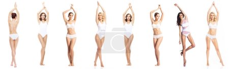 Téléchargez les photos : Jeune, en forme, heureuse et belle femme blonde en maillot de bain blanc isolé sur fond blanc - collection ensemble. Santé, alimentation, sport et fitness concept. - en image libre de droit