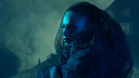 Photo for Beautiful witch making the witchcraft over the smoky background at night. Scary house on the hill. Halloween image concept. - Royalty Free Image
