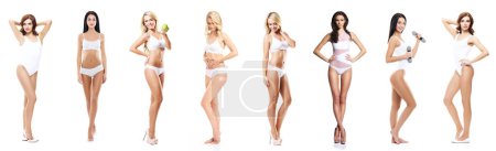 Photo for Young, fit, happy and beautiful blond woman in white swimsuit isolated on white background - set collection. Healthcare, diet, sport and fitness concept. - Royalty Free Image