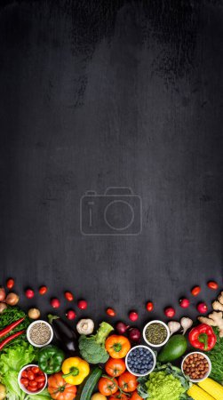 Photo for Healthy eating ingredients: fresh vegetables, fruits and superfood. Nutrition, diet, vegan food concept. Concrete background - Royalty Free Image