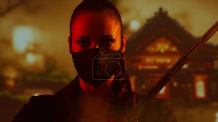 Photo for Young and beautiful ninja girl in a mask and with a katana. Samurai woman on the background of a traditional Japanese temple. - Royalty Free Image
