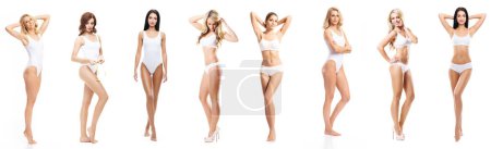 Téléchargez les photos : Jeune, en forme, heureuse et belle femme blonde en maillot de bain blanc isolé sur fond blanc - collection ensemble. Santé, alimentation, sport et fitness concept. - en image libre de droit