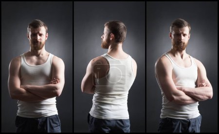 Photo for Strong, handsome and bearded man in sleeveless shirt over black background. Set collage. - Royalty Free Image