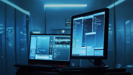 Foto de Computer screen over server room background. Hacker Attack, Virus Infected Software, Dark Web and Cyber Security concept. - Imagen libre de derechos