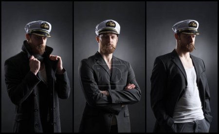 Foto de Portrait of a handsome sailor over black background. Shipping, navigation, marine, navy concept. Set collage. - Imagen libre de derechos