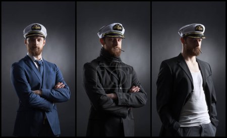 Foto de Portrait of a handsome sailor over black background. Shipping, navigation, marine, navy concept. Set collage. - Imagen libre de derechos