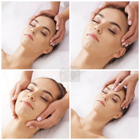 Téléchargez les photos : Portrait of a woman in spa. Massage healing procedure. Health care, skin lifting and medicine. - en image libre de droit