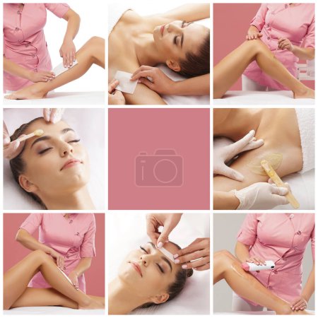 Beautician is removing hair from young and beautiful female armpits with hot wax. Woman has a beauty treament procedure. The concept of depilation, epilation, skin and health care. Set collage.
