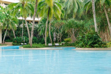 Foto de Beautiful luxury swimming pool with exotic palm trees. Thai, Phuket. Vacation concept. - Imagen libre de derechos