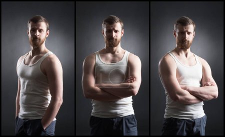 Téléchargez les photos : Strong, handsome and bearded man in sleeveless shirt over black background. Set collage. - en image libre de droit