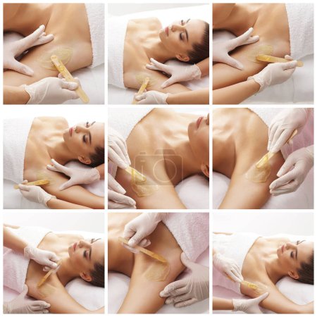 Photo for Beautician is removing hair from young and beautiful female armpits with hot wax. Woman has a beauty treament procedure. The concept of depilation, epilation, skin and health care. Set collage. - Royalty Free Image