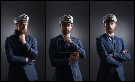 Téléchargez les photos : Portrait d'un beau marin sur fond noir. Expédition, navigation, marine, concept de marine. Définir le collage. - en image libre de droit