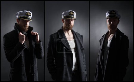 Téléchargez les photos : Portrait d'un beau marin sur fond noir. Expédition, navigation, marine, concept de marine. Définir le collage. - en image libre de droit
