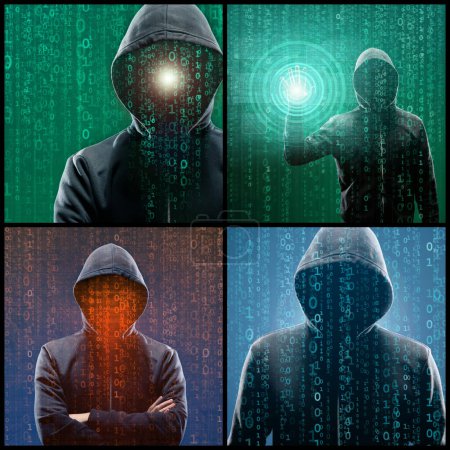 Photo for Wanted Hacker is Coding Virus Ransomware Using Abstract Binary Code. Concept of Cyberattack, System Breaking and Malware. - Royalty Free Image