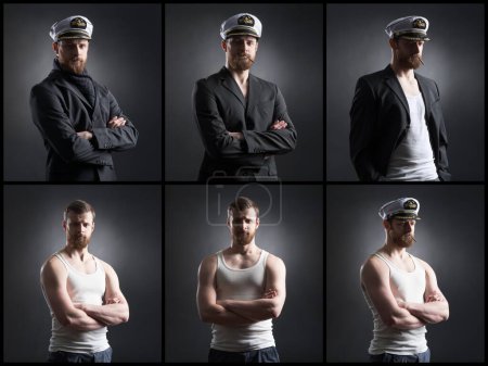 Téléchargez les photos : Portrait of a handsome sailor over black background. Shipping, navigation, marine, navy concept. Set collage. - en image libre de droit