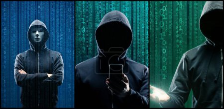Téléchargez les photos : Wanted Hacker est Coding Virus Ransomware en utilisant le code binaire abstrait. Concept de cyberattaque, de rupture de système et de logiciels malveillants. - en image libre de droit