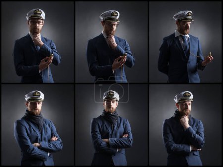 Photo for Portrait of a handsome sailor over black background. Shipping, navigation, marine, navy concept. Set collage. - Royalty Free Image