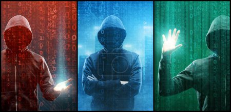 Photo for Wanted Hacker is Coding Virus Ransomware Using Abstract Binary Code. Concept of Cyberattack, System Breaking and Malware. - Royalty Free Image