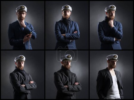 Photo for Portrait of a handsome sailor over black background. Shipping, navigation, marine, navy concept. Set collage. - Royalty Free Image
