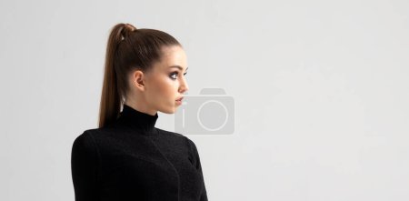 Photo for Close-up fashion portrait of beautiful, fresh, healthy and sensual girl over isolated grey background - Royalty Free Image