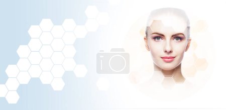 Photo for Portrait of healthy and beautiful woman. Female face in honeycomb texture. Young girl in plastic surgery, medicine, spa and face lifting concept collage. - Royalty Free Image