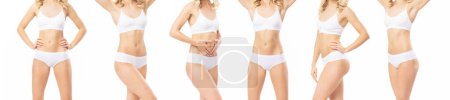 Photo for Young, fit, happy and beautiful woman in white swimsuit isolated on white background - set collection. Perfect female body. Healthcare, diet, sport and fitness concept. - Royalty Free Image