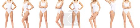 Foto de Mujer joven, en forma, feliz y hermosa en traje de baño blanco aislado sobre fondo blanco colección conjunto. Un cuerpo femenino perfecto. Salud, dieta, deporte y fitness. - Imagen libre de derechos