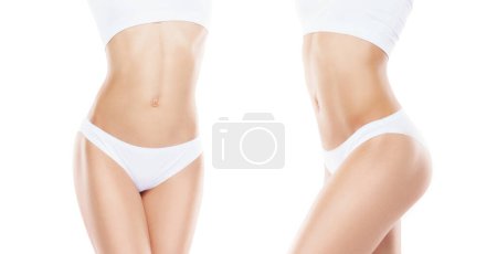 Foto de Mujer joven, en forma y hermosa en traje de baño blanco sobre fondo blanco. El concepto de salud, dieta, deporte y fitness. - Imagen libre de derechos