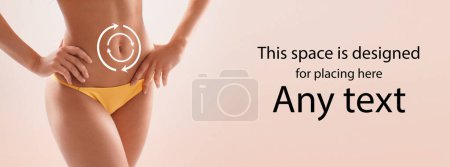 Photo for Beautiful woman with slim and sporty body in swimwear having arrows along her stomach and legs. Fat lose, liposuction and cellulite removal concept. - Royalty Free Image