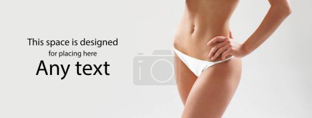 Photo for Beautiful woman with slim and sporty body in swimwear having arrows along her stomach and legs. Fat lose, liposuction and cellulite removal concept. - Royalty Free Image