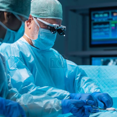 Ein vielseitiges Team professioneller Ärzte führt einen chirurgischen Eingriff in einem modernen Operationssaal mit High-Tech-Geräten und -Technologie durch. Chirurgen arbeiten daran, den Patienten im Krankenhaus zu retten