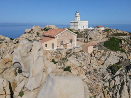 Photo for Drone view at the lighthouse of Capo Testa near Santa Teresa di Gallura on Sardinia in Italy - Royalty Free Image
