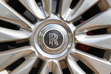 Photo for Franschhoek, South Africa - 1 February 2023: Rolls Royce logo on the wheel of a car - Royalty Free Image