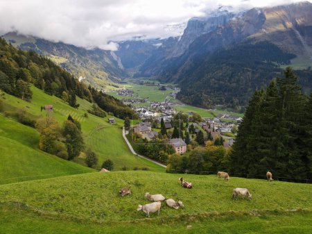 Foto de Vista del dron en el valle de Engelberg en los Alpes suizos - Imagen libre de derechos