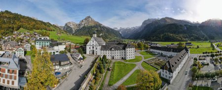 Photo for Drone view at a the convent of Engelberg on the Swiss alps - Royalty Free Image