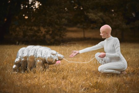 Porträt eines jungen haarlosen Mädchens mit Alopezie in weißem Tuch, das im Herbst im Park mit teergradiertem Spielzeug spielt, surreale Szene mit einem glatzköpfigen Teenager-Mädchen, das über die Verflechtung von Leben und Kunst reflektiert