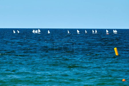 Photo for Blue sea sailing regatta, nautical spectacle sport sailing competition among yacht club participants symbolizing spirit of maritime sailing challenge, yacht racing hobby - Royalty Free Image