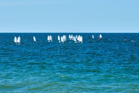 Photo for Blue sea sailing regatta, nautical spectacle sport sailing competition among yacht club participants symbolizing spirit of maritime sailing challenge, yacht racing hobby - Royalty Free Image