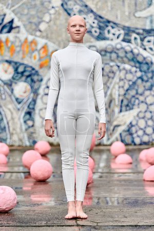 Young hairless girl ballerina with alopecia in white futuristic suit stands outdoor among pink spheres on abstract mosaic Soviet background, symbolizes self expression and acceptance of unique beauty