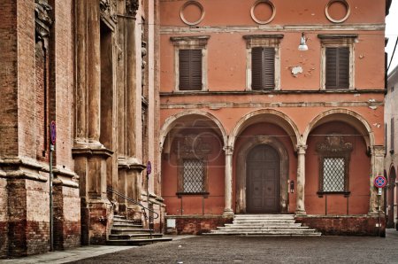 Italy antique architecture. Old building facade. Street view Bologna city, Italy. Renaissance historical buildings.