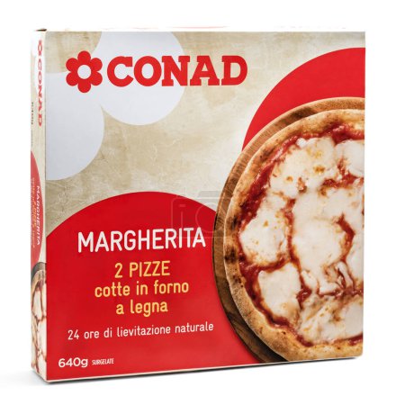 Photo for Conad Margherita due pizze cotte in forno a legna,pack of frozen pizza,Italian product isolated on a white background - Royalty Free Image