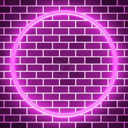 Téléchargez les photos : Cercle lumineux néon rose contre l'espace de copie murale en brique, illustration 3D - en image libre de droit