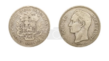 Téléchargez les photos : Monnaie bolivar vénézuélienne année 1912 recto et verso sur fond blanc, macro gros plan - en image libre de droit