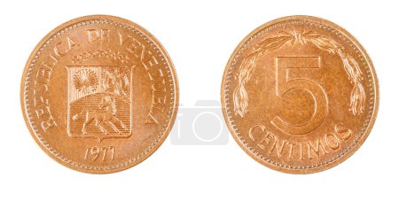 Photo for Authentic Venezuelan 5 Centimos coin Bolivar currency year 1977 obverse and reverse side on white background,macro close up - Royalty Free Image